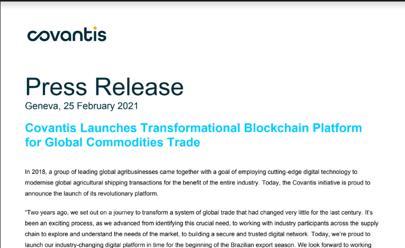 Covantis Launches Transformational Blockchain Platform for Global Commodities Trade
