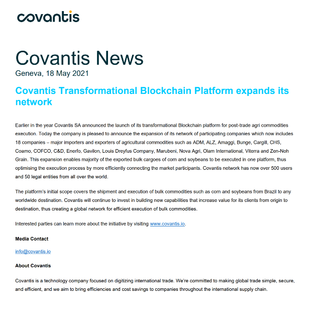 Covantis Transformational Blockchain Platform Expands its Network